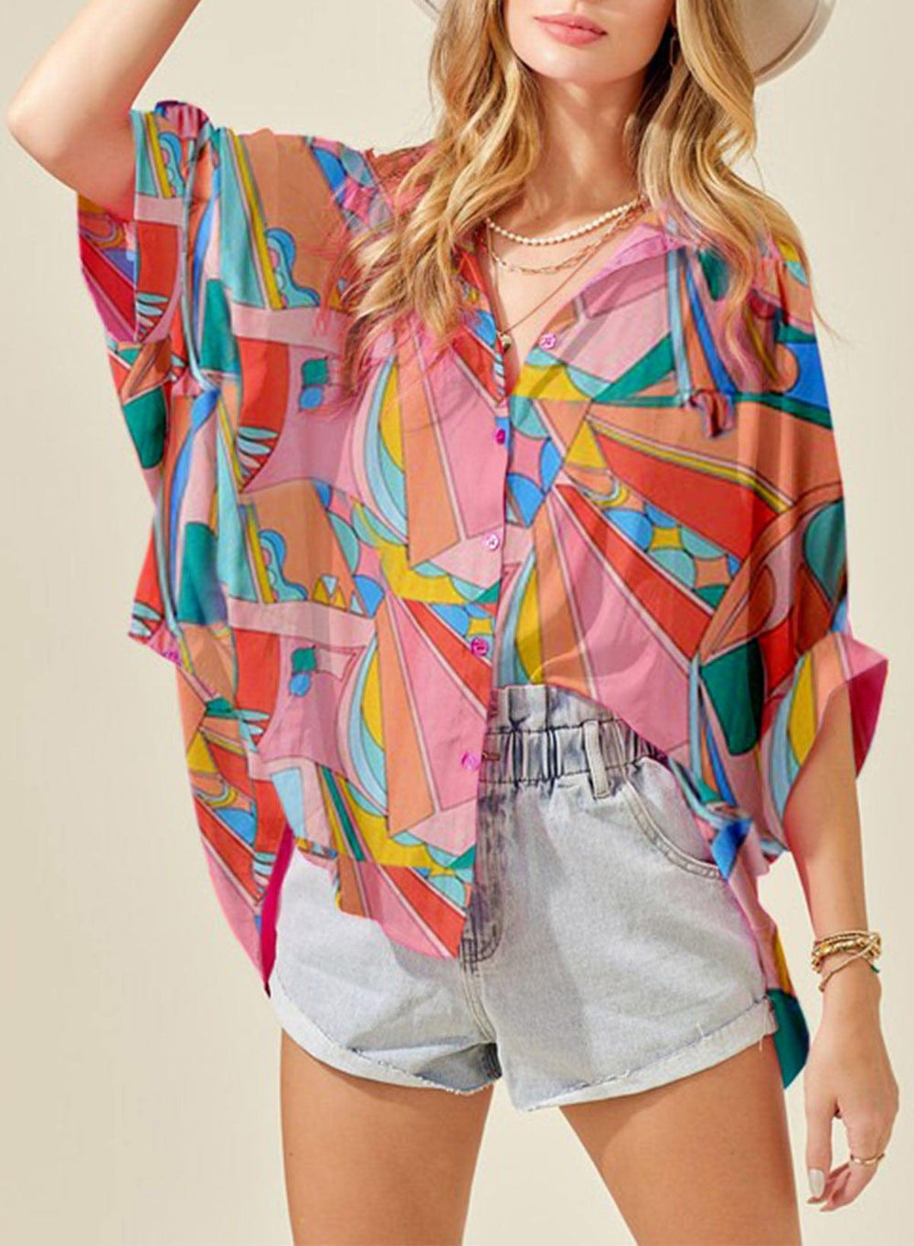 Printed Dolman Sleeve Collared Shirt - Trendsi