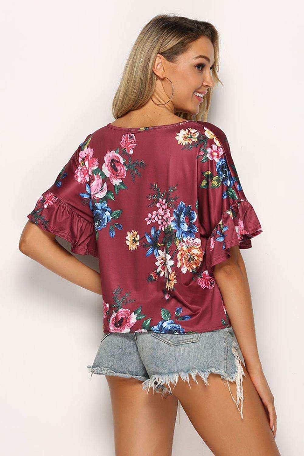 Floral Tie Hem Flounce Sleeve Top - Trendsi - Flyclothing LLC