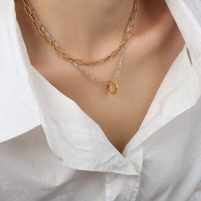 Beaded Double-Layered Titanium Steel Necklace - Trendsi - Flyclothing LLC