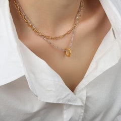 Beaded Double-Layered Titanium Steel Necklace - Trendsi