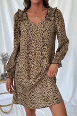 Leopard Frill Trim V-Neck Dress - Flyclothing LLC