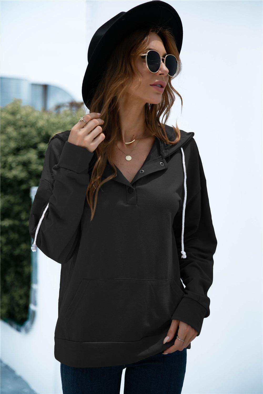 Quarter Snap Drawstring Hoodie with Kangaroo Pocket - Trendsi - Flyclothing LLC