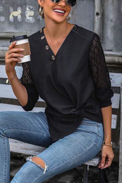 Twisted Decorative Button Long Sleeve T-Shirt - Trendsi - Flyclothing LLC