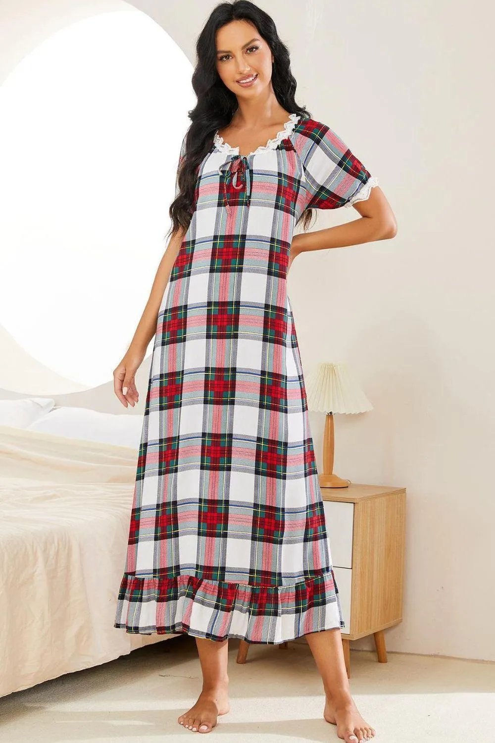 Plaid Lace Trim Ruffle Hem Night Dress - Trendsi