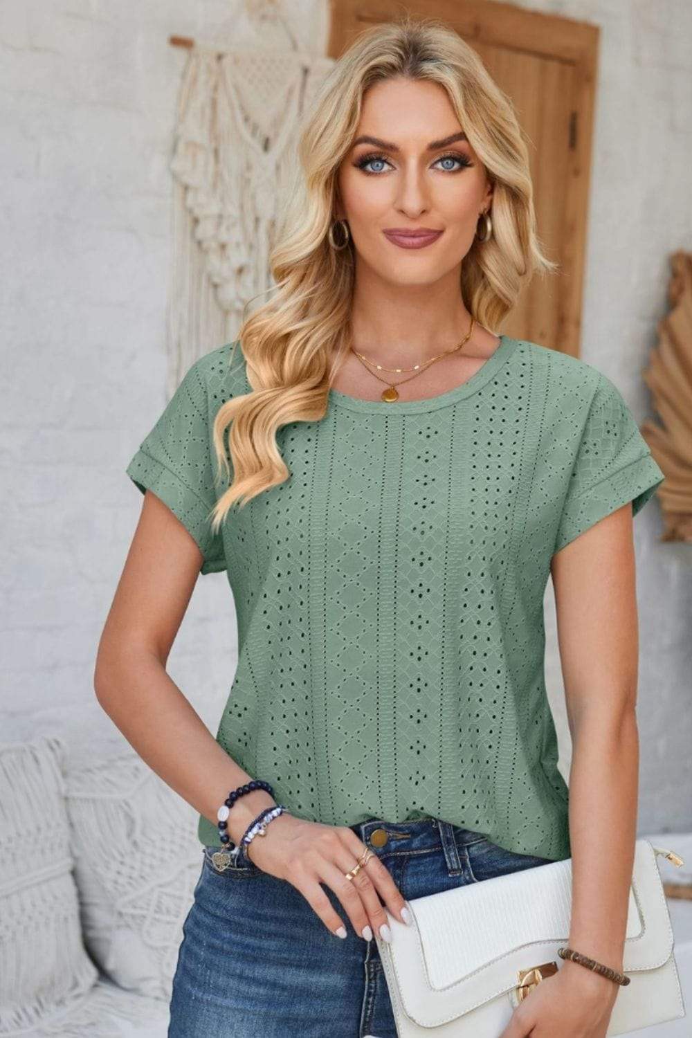 Eyelet Round Neck Rolled Short Sleeve T-Shirt - Trendsi - Flyclothing LLC