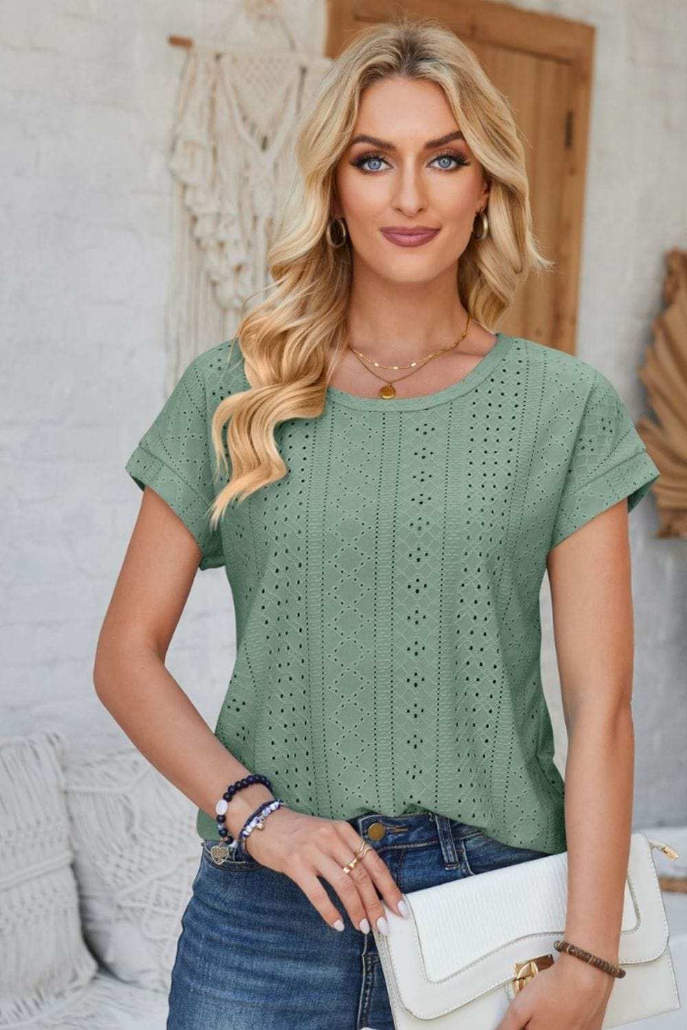 Eyelet Round Neck Rolled Short Sleeve T-Shirt - Trendsi - Flyclothing LLC