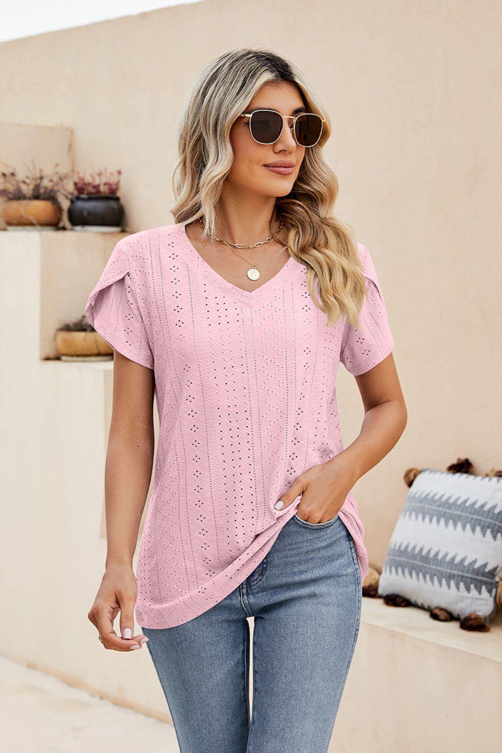 Eyelet Petal Sleeve V-Neck Knit Top - Trendsi