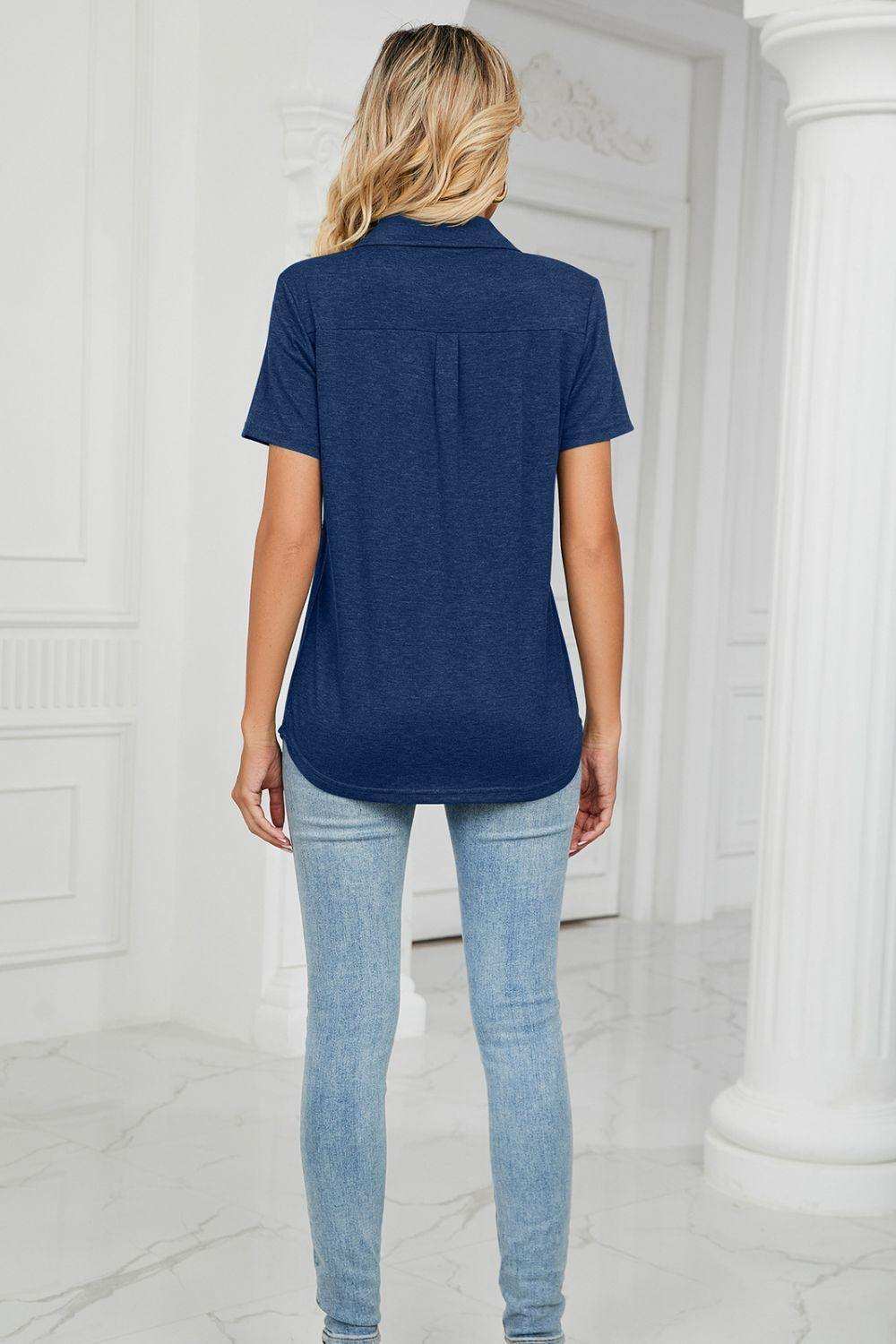 Curved Hem Johnny Collar Polo Shirt - Trendsi - Flyclothing LLC