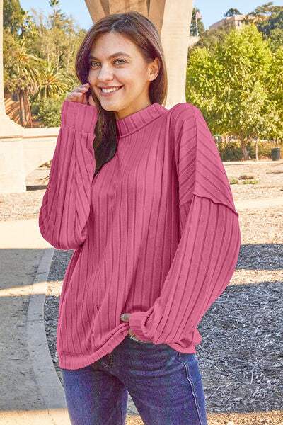 Basic Bae Full Size Ribbed Exposed Seam Mock Neck Knit Top - Trendsi - Flyclothing LLC