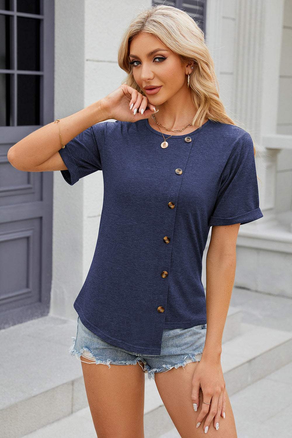Round Neck Short Sleeve T-Shirt - Trendsi - Flyclothing LLC