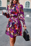 Printed Tie Waist Mock Neck Lantern Sleeve Dress - Trendsi - Flyclothing LLC
