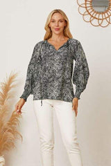 Printed Tie Neck Lantern Sleeve Blouse - Trendsi - Flyclothing LLC