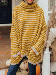 Striped Turtleneck Sweater with Pockets - Trendsi