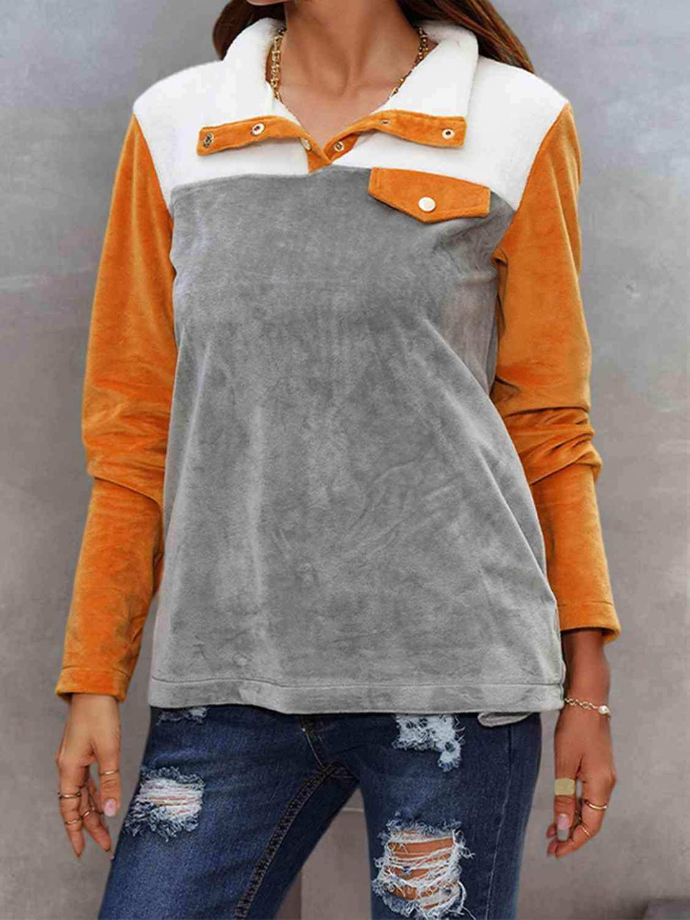 Color Block Collared Sweatshirt with Pockets - Trendsi - Flyclothing LLC