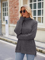 Ribbed Turtleneck Long Sleeve Slit Knit Top - Trendsi - Flyclothing LLC