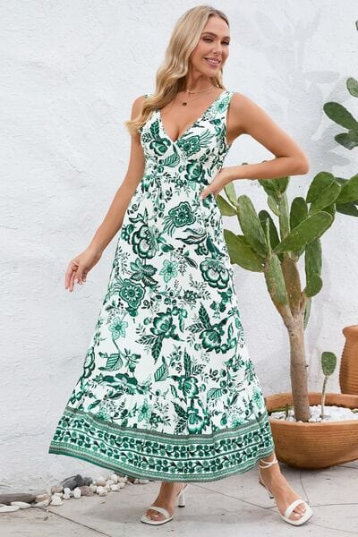 Printed V-Neck Wide Strap Dress - Trendsi