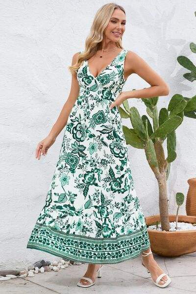 Printed V-Neck Wide Strap Dress - Trendsi - Flyclothing LLC