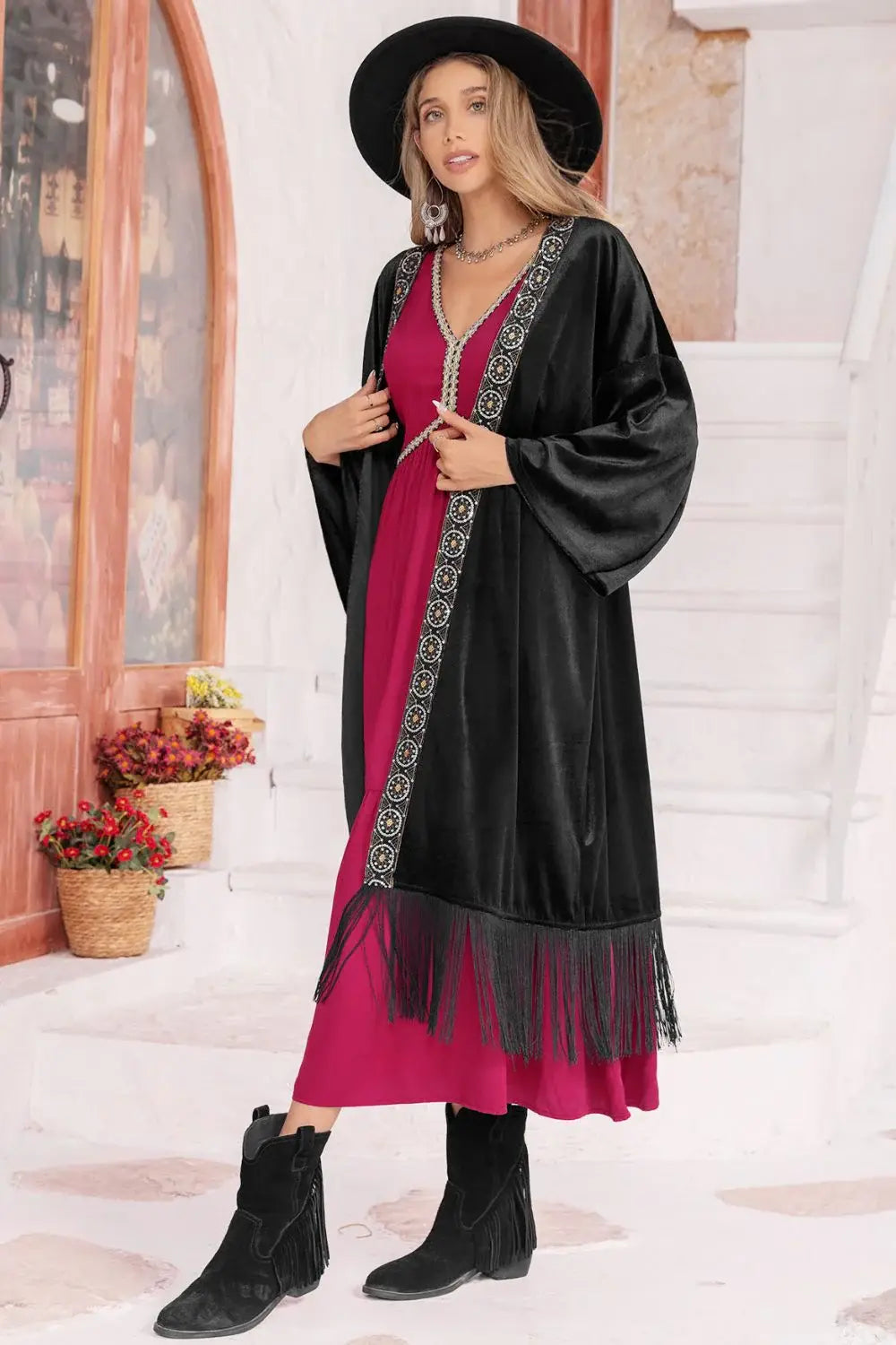 Opne Front Fringe Detail Long Sleeve Cardigan - Trendsi - Flyclothing LLC