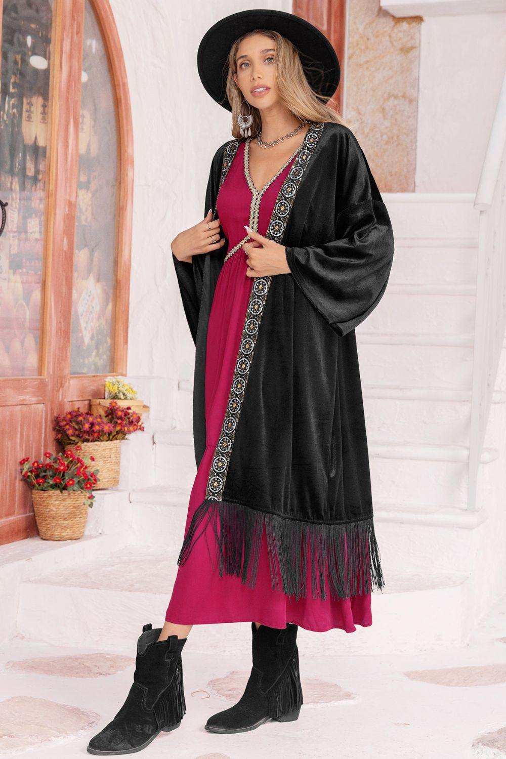 Opne Front Fringe Detail Long Sleeve Cardigan - Trendsi - Flyclothing LLC