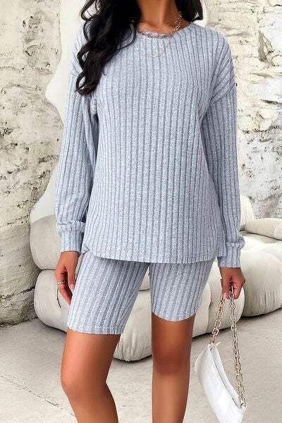 Ribbed Round Neck Dropped Shoulder Top and Shorts Set - Trendsi - Flyclothing LLC