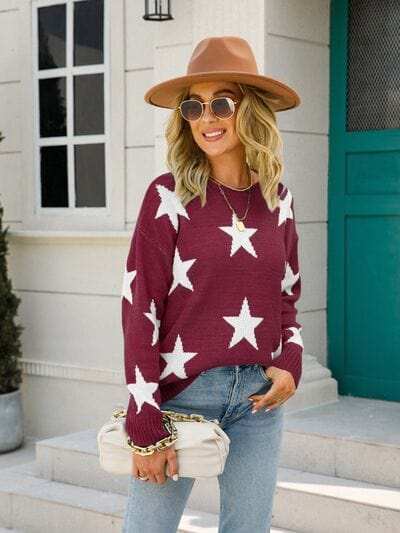 Star Round Neck Dropped Shoulder Sweater - Trendsi - Flyclothing LLC