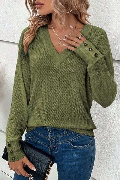 Decorative Button V-Neck Long Sleeve T-Shirt - Trendsi - Flyclothing LLC