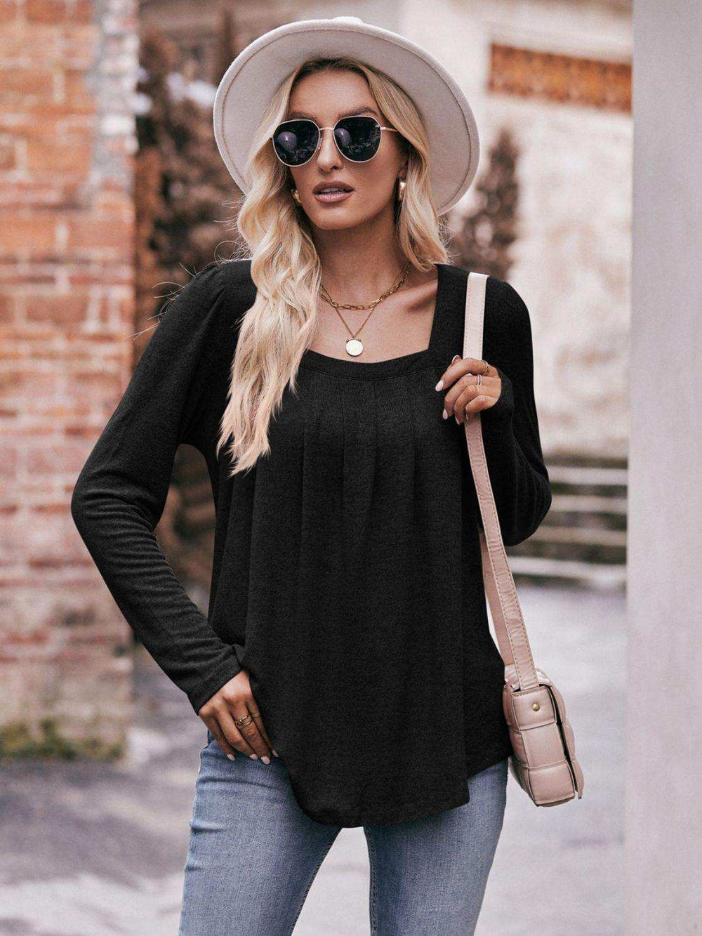 Pleated Detail Curved Hem Long Sleeve Top - Trendsi - Flyclothing LLC
