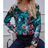 Printed V-Neck Long Sleeve Blouse - Trendsi