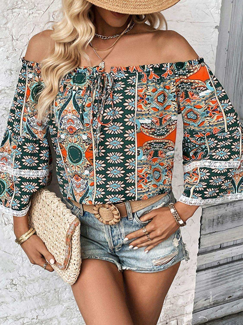 Printed Frill Trim Off-Shoulder Blouse - Trendsi - Flyclothing LLC