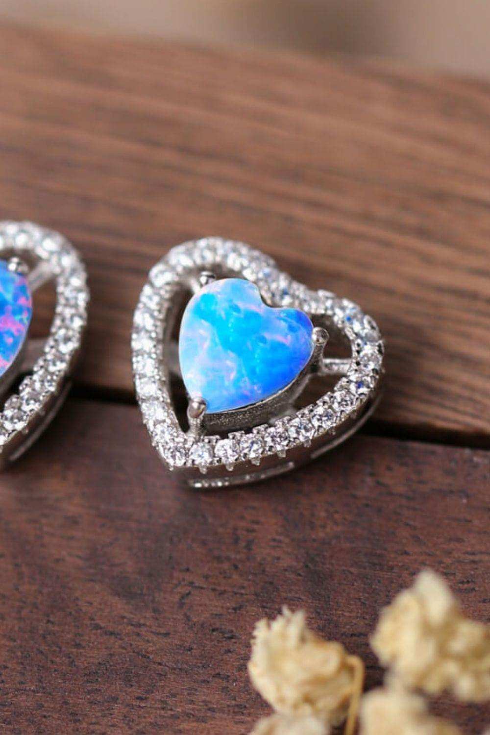 925 Sterling Silver Opal Heart Stud Earrings - Trendsi - Flyclothing LLC