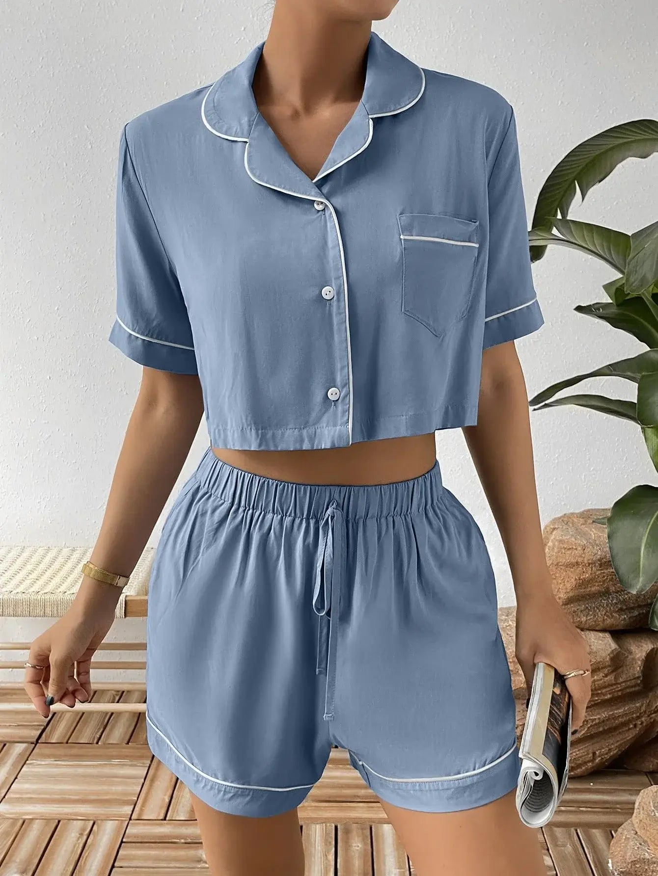 Contrast Lapel Collar Cropped Shirt and Shorts Lounge Set - Trendsi - Flyclothing LLC