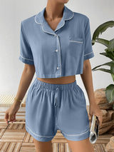 Contrast Lapel Collar Cropped Shirt and Shorts Lounge Set - Trendsi - Flyclothing LLC