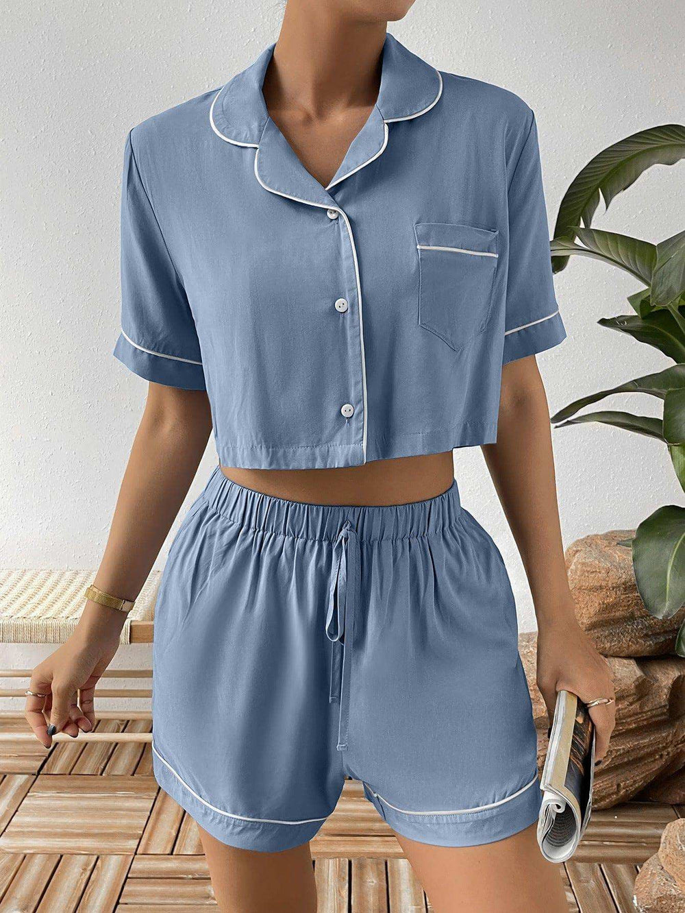 Contrast Lapel Collar Cropped Shirt and Shorts Lounge Set - Trendsi - Flyclothing LLC