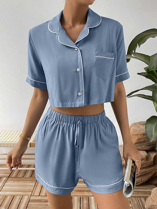Contrast Lapel Collar Cropped Shirt and Shorts Lounge Set - Trendsi - Flyclothing LLC