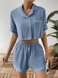 Contrast Lapel Collar Cropped Shirt and Shorts Lounge Set - Trendsi - Flyclothing LLC