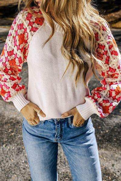Flower Element Openwork Round Neck Sweater - Trendsi - Flyclothing LLC