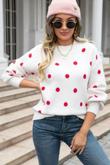 Polka Dot Round Neck Dropped Shoulder Sweater - Trendsi - Flyclothing LLC
