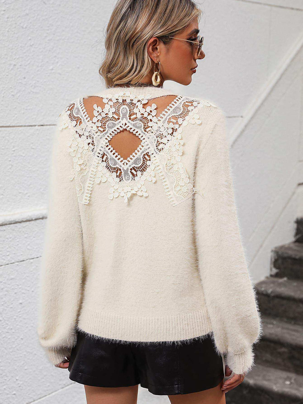 Lace Detail Cutout Long Sleeve Pullover Sweater - Trendsi - Flyclothing LLC