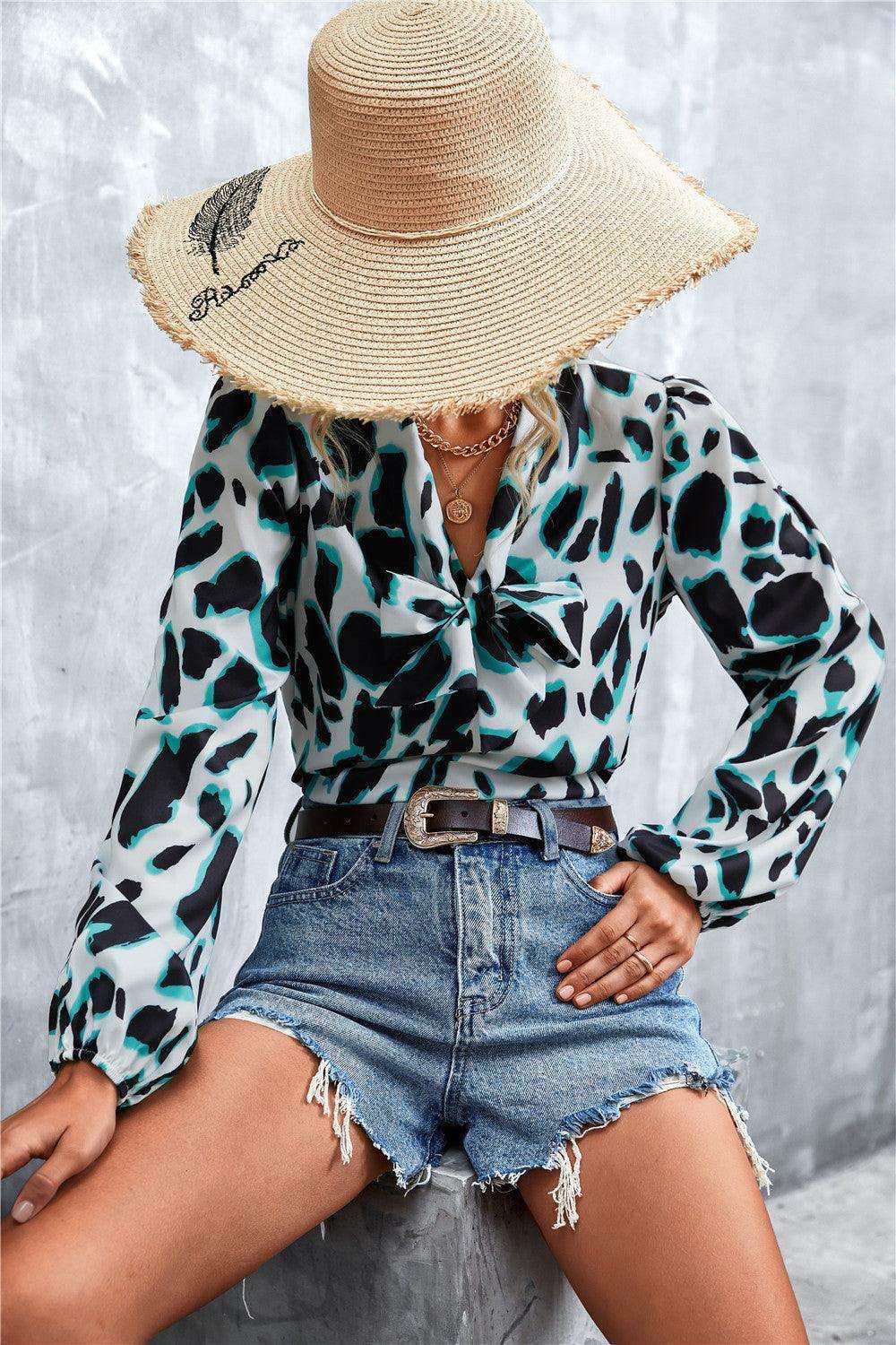 Printed Tie Neck Puff Sleeve Blouse - Trendsi - Flyclothing LLC