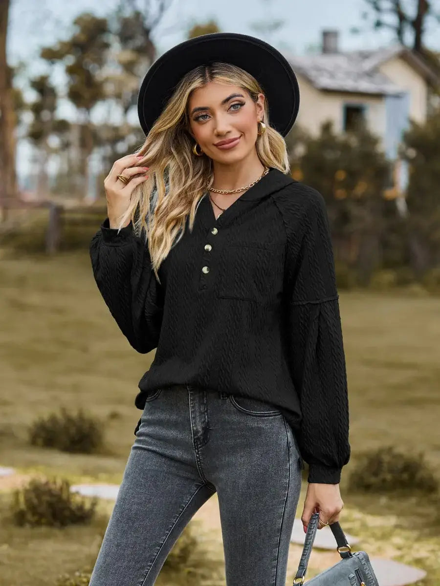 Cable-Knit Dropped Shoulder Hoodie - Trendsi - Flyclothing LLC