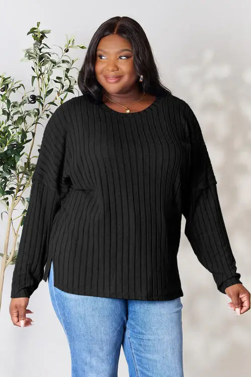 Basic Bae Full Size Ribbed Round Neck Slit T-Shirt - Trendsi - Flyclothing LLC