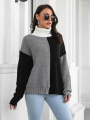 Contrast Turtleneck Long Sleeve Sweater - Trendsi