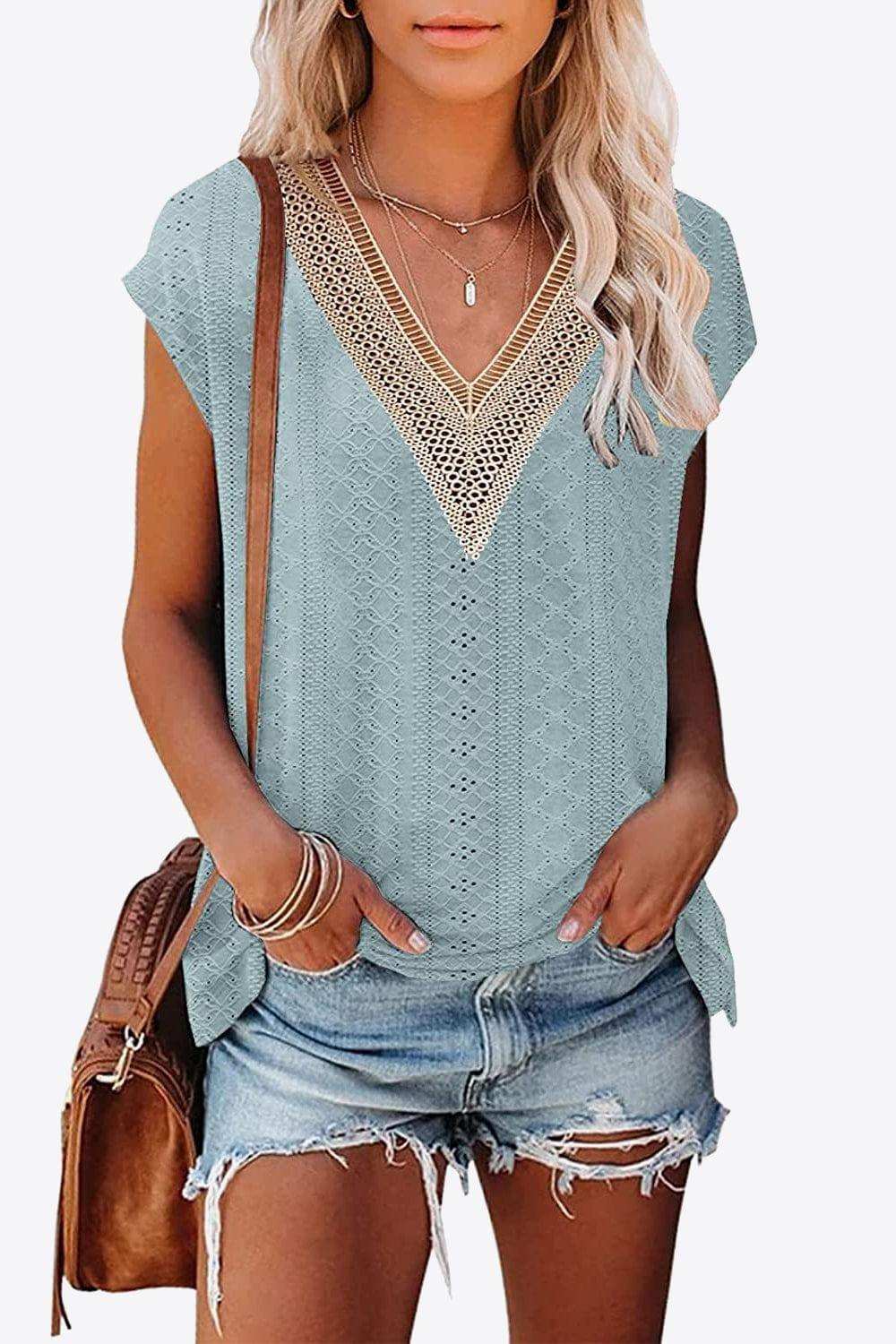 Eyelet Contrast V-Neck Tee - Trendsi - Flyclothing LLC