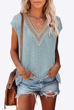 Eyelet Contrast V-Neck Tee - Trendsi - Flyclothing LLC