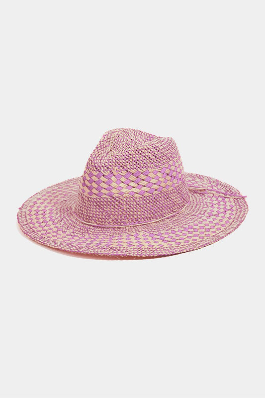 Fame Checkered Straw Weave Sun Hat - Trendsi