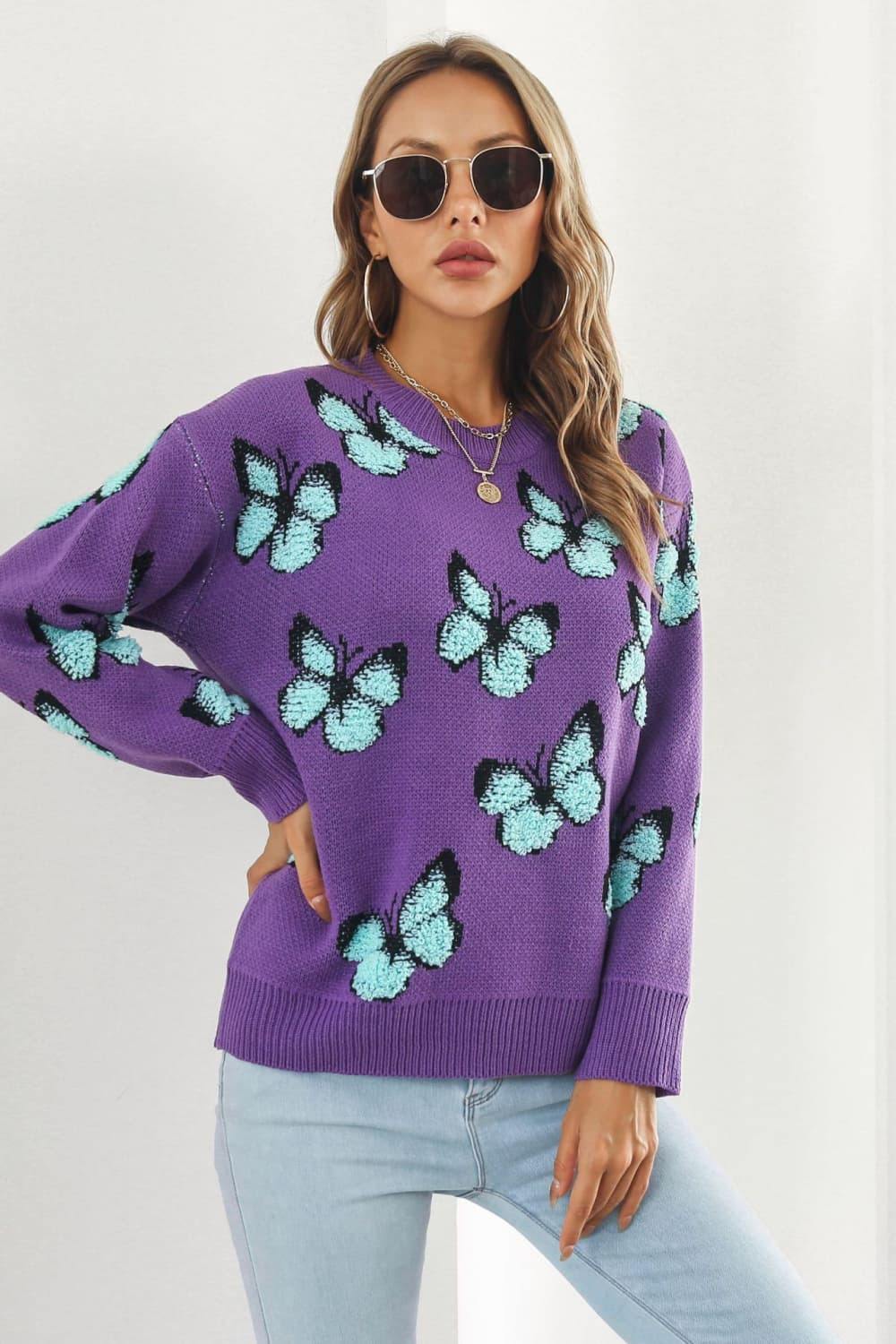 Butterfly Pattern Round Neck Dropped Shoulder Sweater - Trendsi