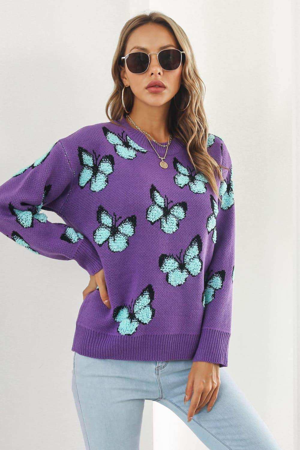 Butterfly Pattern Round Neck Dropped Shoulder Sweater - Trendsi - Flyclothing LLC