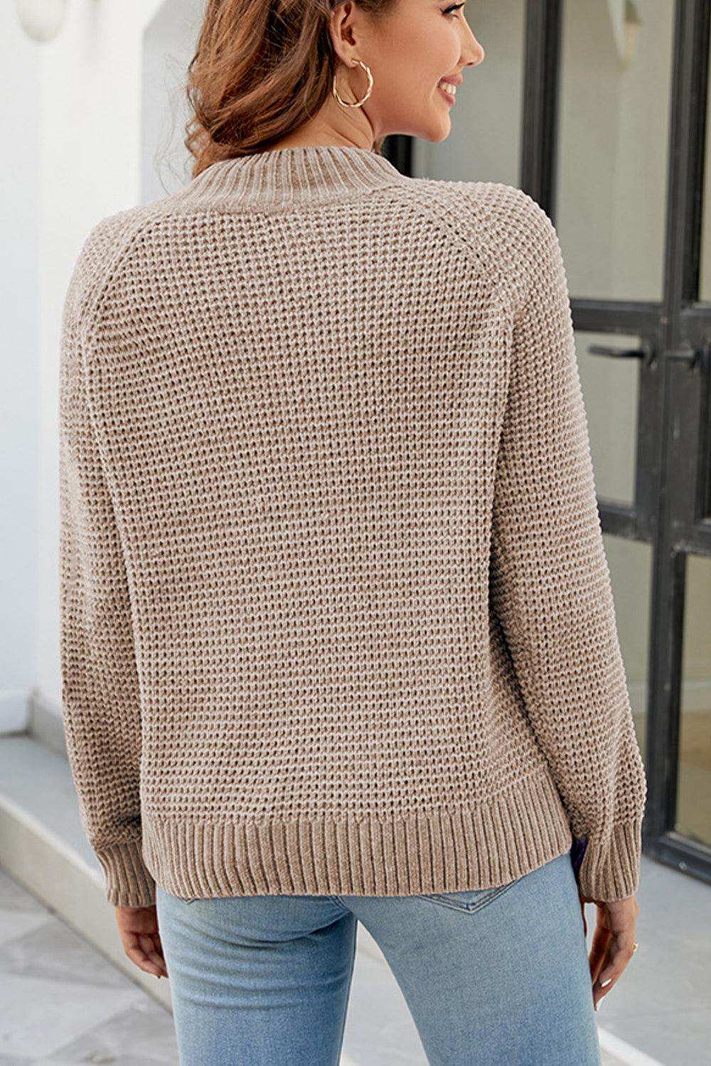Waffle-Knit Round Neck Reglan Sleeve Sweater - Trendsi - Flyclothing LLC