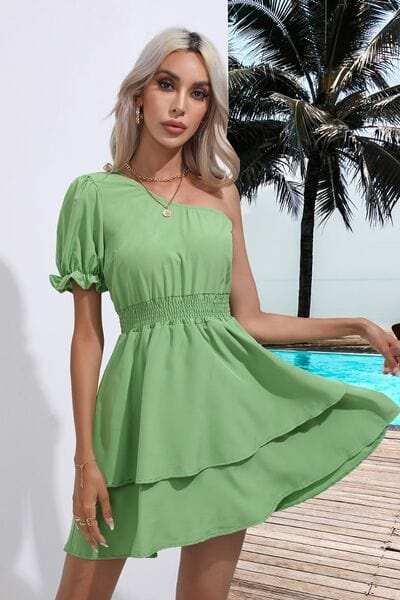 Layered Single Shoulder Flounce Sleeve Mini Dress - Trendsi - Flyclothing LLC