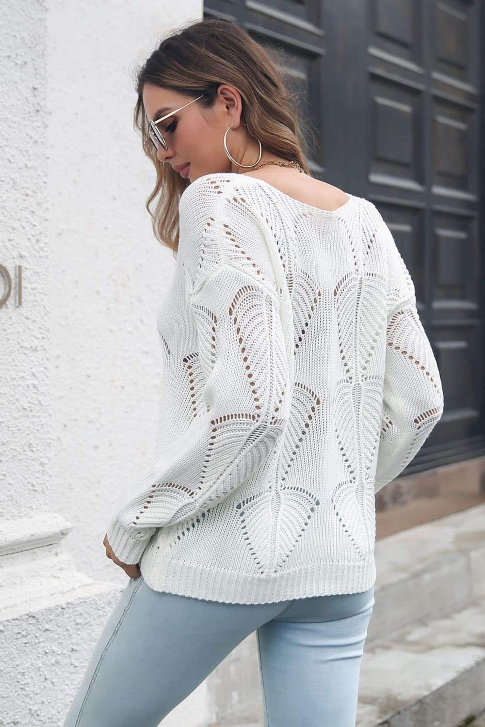 Openwork V-Neck Dropped Shoulder Sweater - Trendsi - Flyclothing LLC